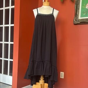 Free People Black Spaghetti Strap Ruffled Hem Maxi Dress with Embroidered Yoke